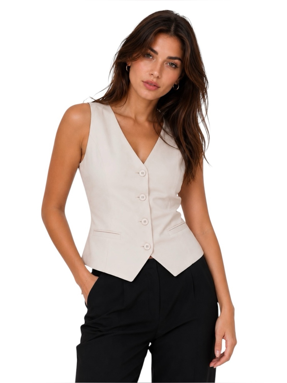 Skies Are Blue Tailored Beige Button Front Vest Sleeveless Career Chic Top